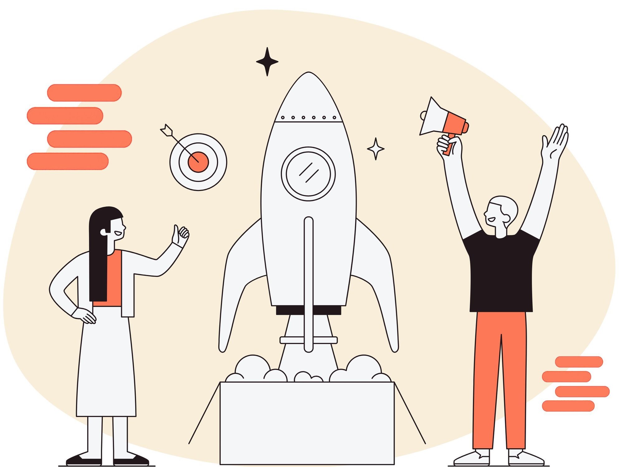 Team launching a rocket with messaging and target icons, symbolizing product storytelling and go-to-market momentum Team launching a rocket with messaging and target icons, symbolizing product storytelling and go-to-market momentum