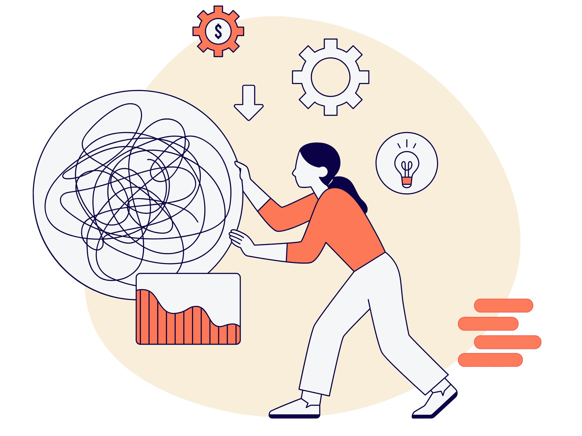 Woman pushing through tangled lines toward business icons, symbolizing clarity and go-to-market focus