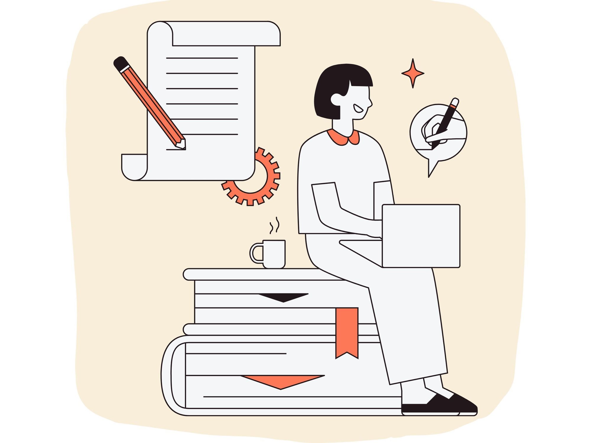 Strategic leader working on positioning and narrative, surrounded by documents, compass, and storytelling symbols