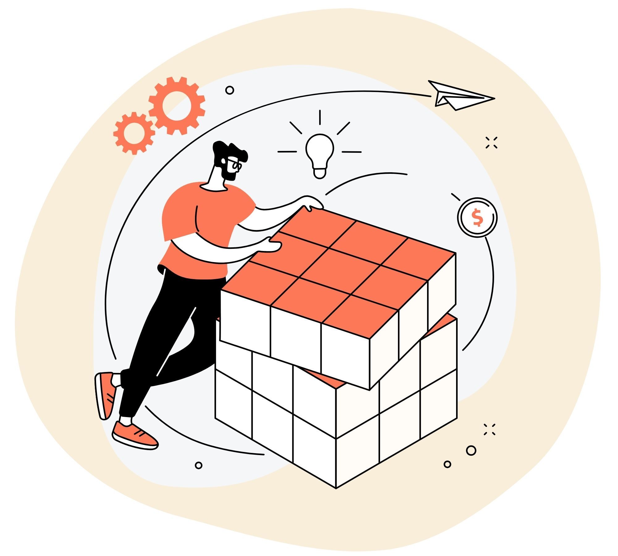 Illustration of person organizing blocks, representing feature mapping in product marketing