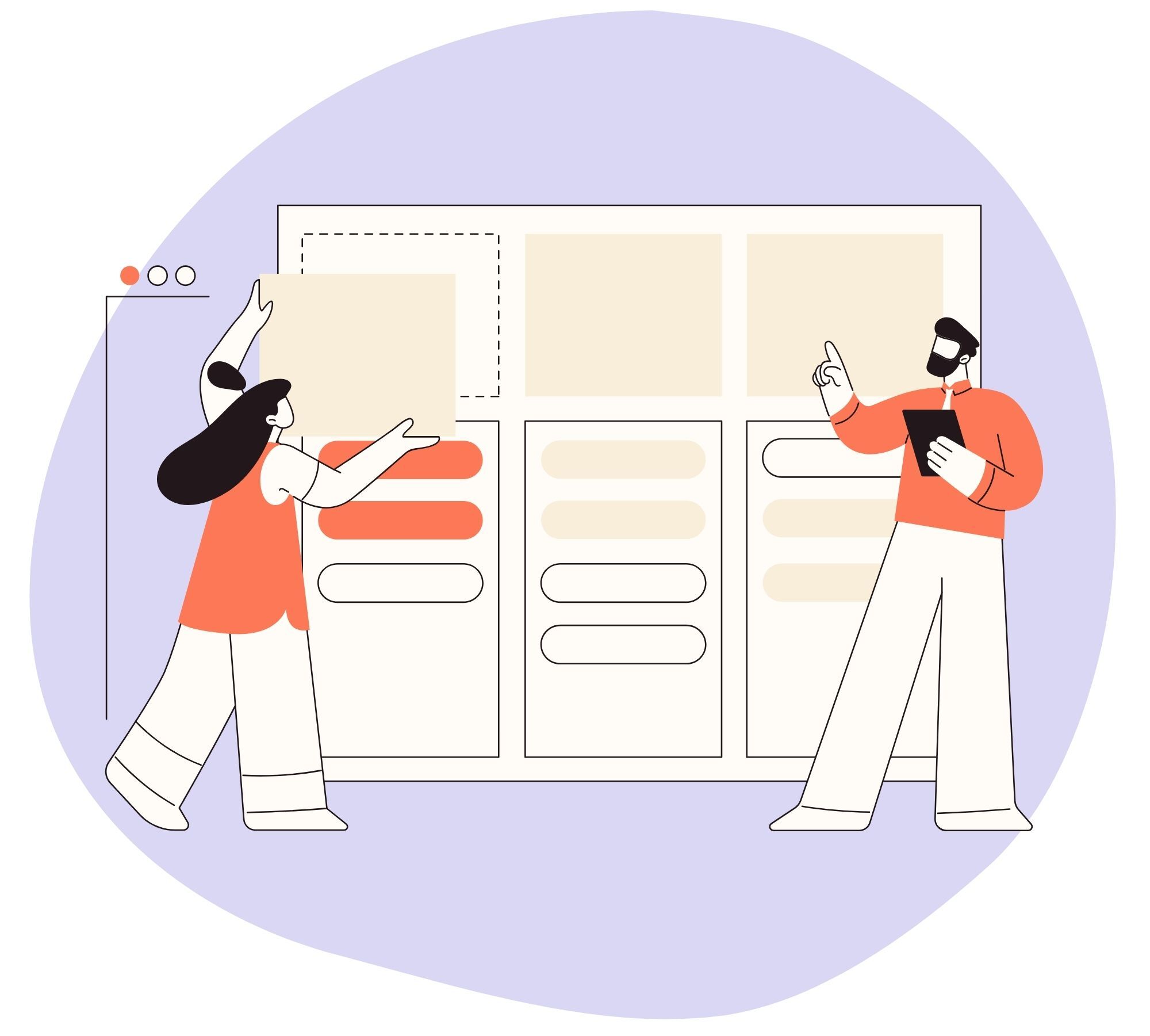 Illustration of two marketers collaborating on a messaging framework with modular content blocks on a board.